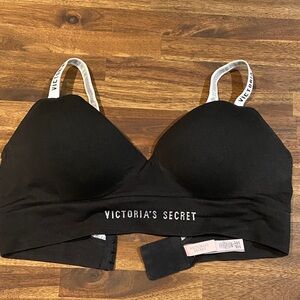 Victoria's Secret Black Wireless Logo Comfort Bra with White Straps